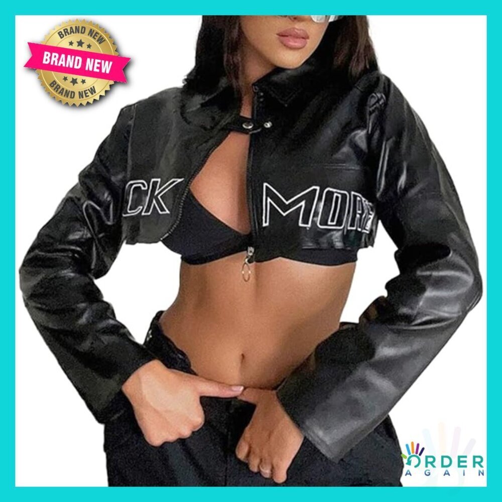 Goth Punk Rock Pleather Crop Top Jacket Long Sleeve Zipper Point Collar